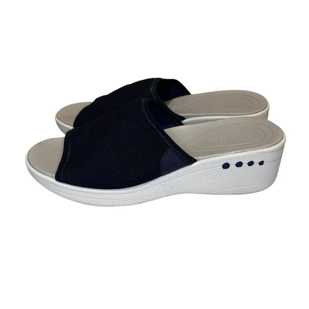 Easy Spirit peep-toe Wedge Sandal, Slip on, Navy Blue Fabric, Women's 8.5m